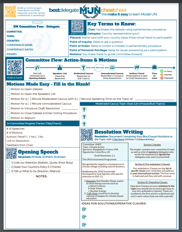 Download the New One Page MUN Conference Cheat Sheet